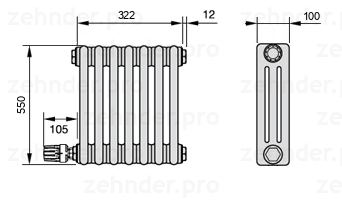 Схема (чертеж) Радиатор Zehnder Charleston 3055/7 №V003 Белый глянцевый RAL 9016